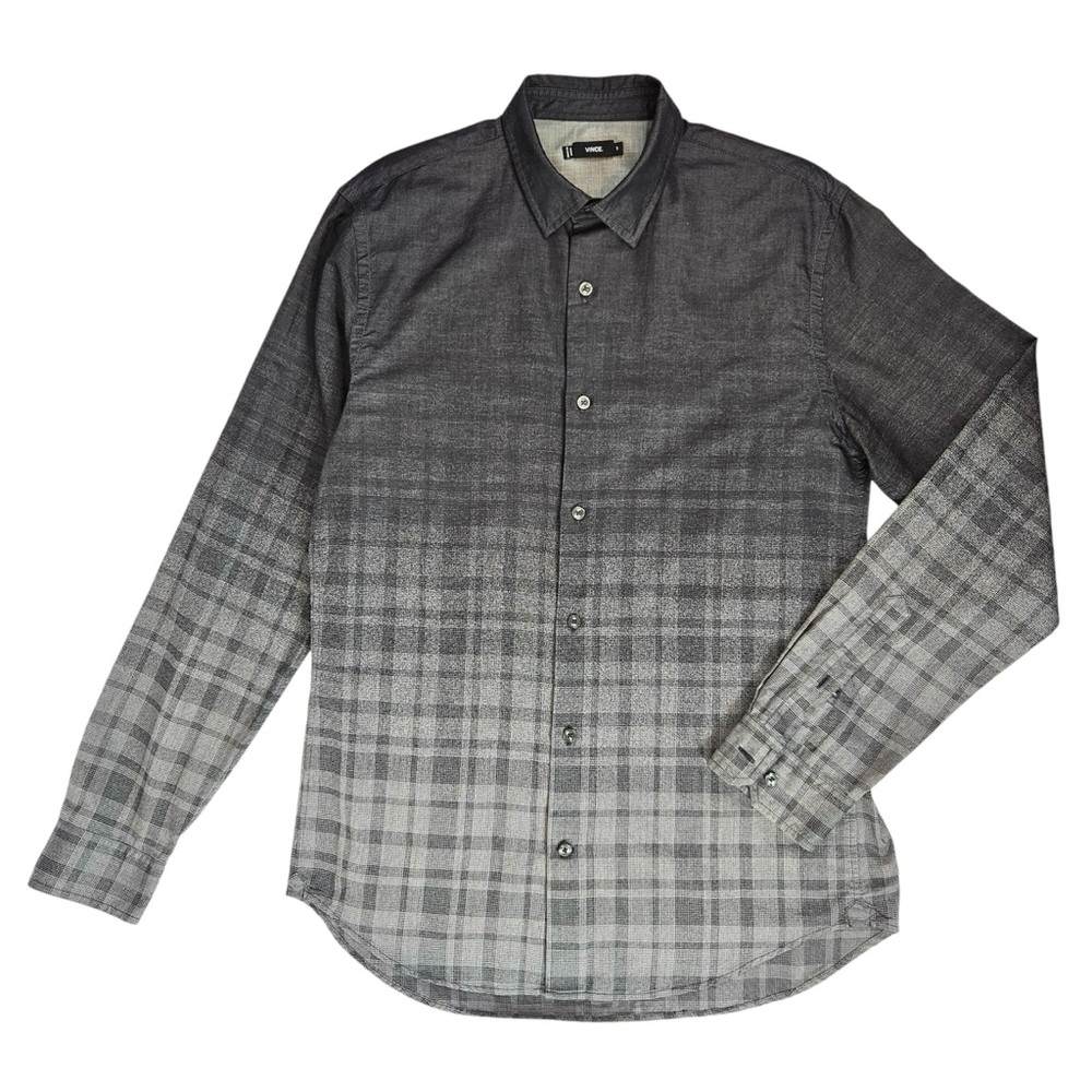 VINCE Melrose Dégradé Shirt Ombré Plaid Button Down Men Gray M Medium